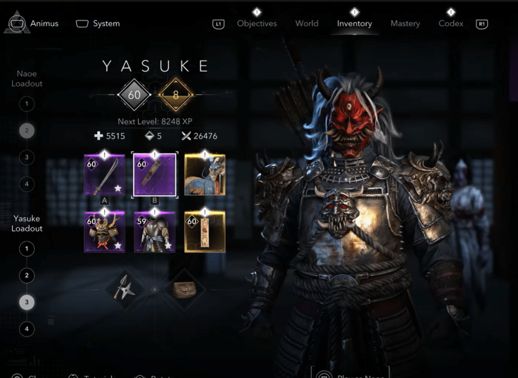 yasuke completamente equipaggiato con il set oni ispirato al boss della missione crossover. un look letale che unisce potenza brutale e stile demoniaco. in basso a destra, il cimelio “tocco dell’entità”, ricompensa finale della quest.