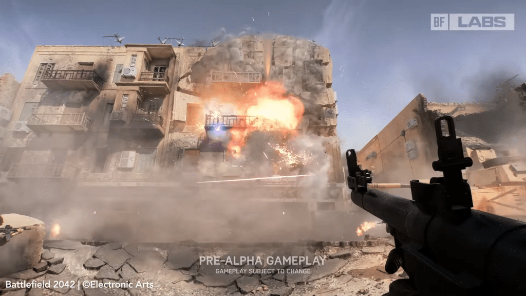 una scena esplosiva dal pre-alpha di battlefield labs: qui la distruttibilità non è solo estetica, ma cambia davvero il gameplay. pareti che crollano, calibri che penetrano, coperture che non esistono più. finalmente battlefield torna a fare... battlefield.