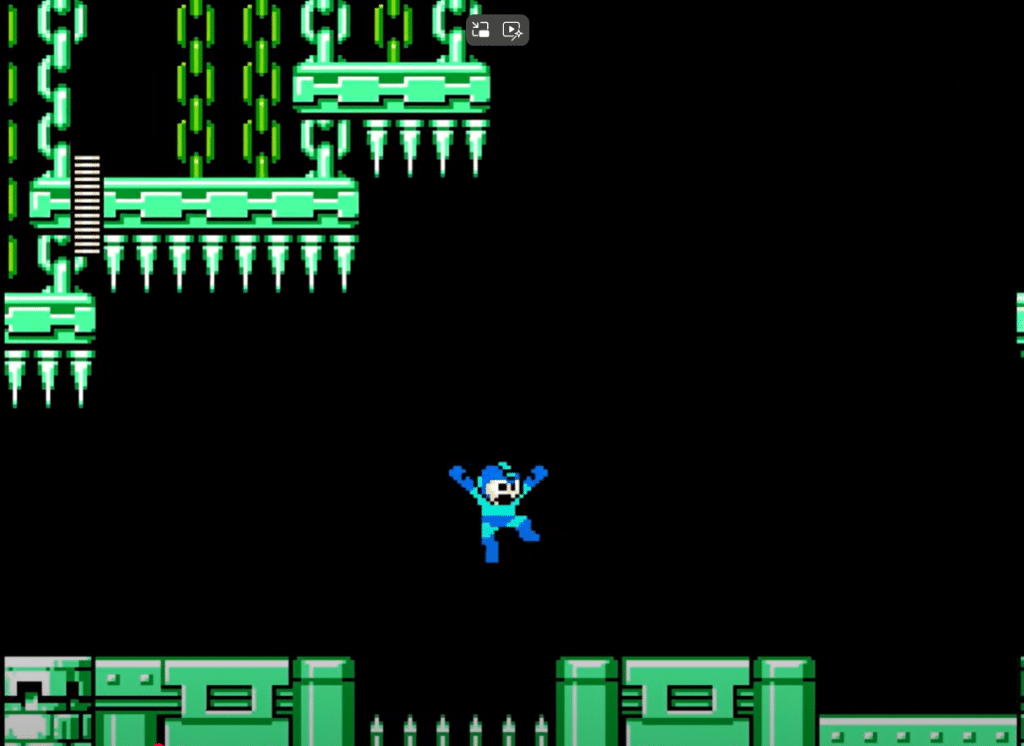 la precisione è tutto: mega man salta tra trappole a punte letali nel più classico dei trial-and-error platform. anche qui, nessun rallentamento e animazioni più stabili grazie all’hardware snes.