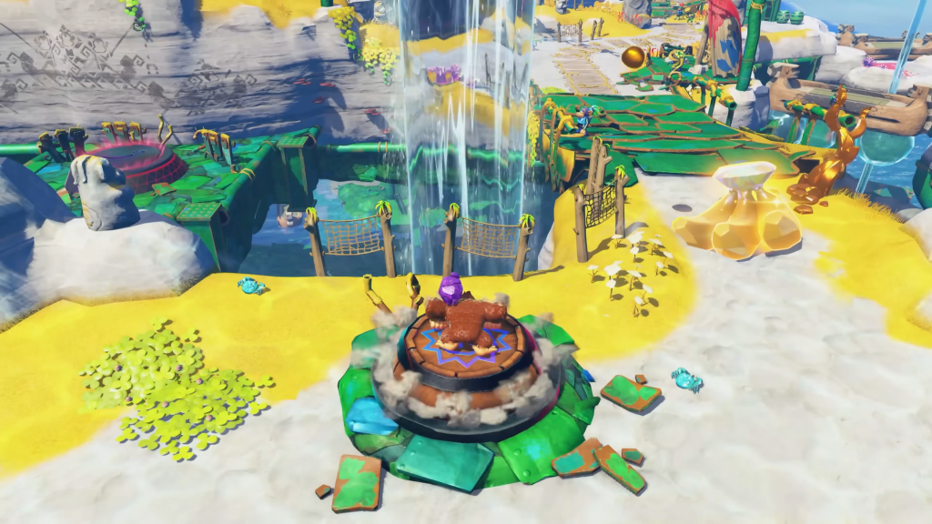 donkey kong scatena tutta la sua potenza nel canyon, caricando la piattaforma per il viaggio rapido. sì, quel geyser è un teletrasporto. e sì, dk ha la pelliccia color prugna.