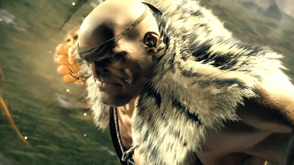 Sguardo di ghiaccio e pugno pronto a esplodere: Sagat si prepara alla battaglia, più fiero che mai, con il mantello di pelliccia che anticipa un ritorno regale.