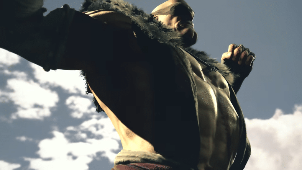 Un’inquadratura che dice tutto: potenza, statura e la cicatrice simbolo della sua rivalità eterna con Ryu. Sagat domina la scena come solo un re può fare.