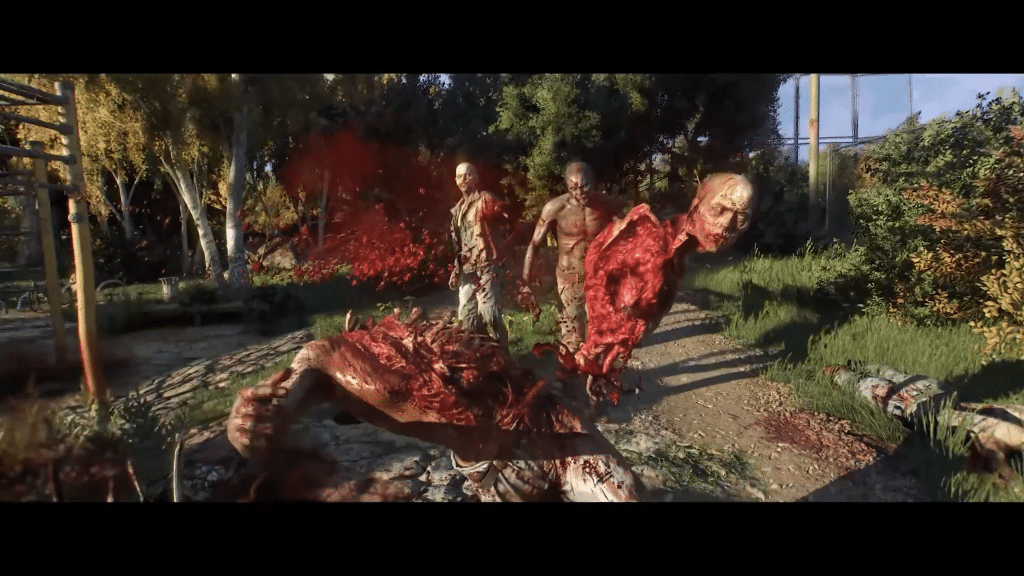sequenza di combattimento gore in dying light the beast, zombie smembrati in primo piano.
