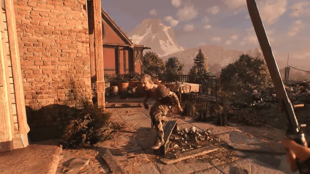 combattimento contro zombie in dying light the beast, ambientato in un villaggio alpino al tramonto.