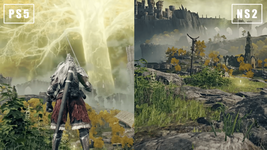 confronto panoramico di elden ring tra ps5 e nintendo switch 2 con paesaggio mozzafiato e erd tree luminoso