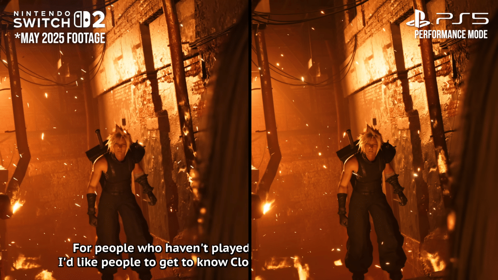 confronto tra nintendo switch 2 e ps5 per final fantasy vii remake: cloud strife in una scena infuocata