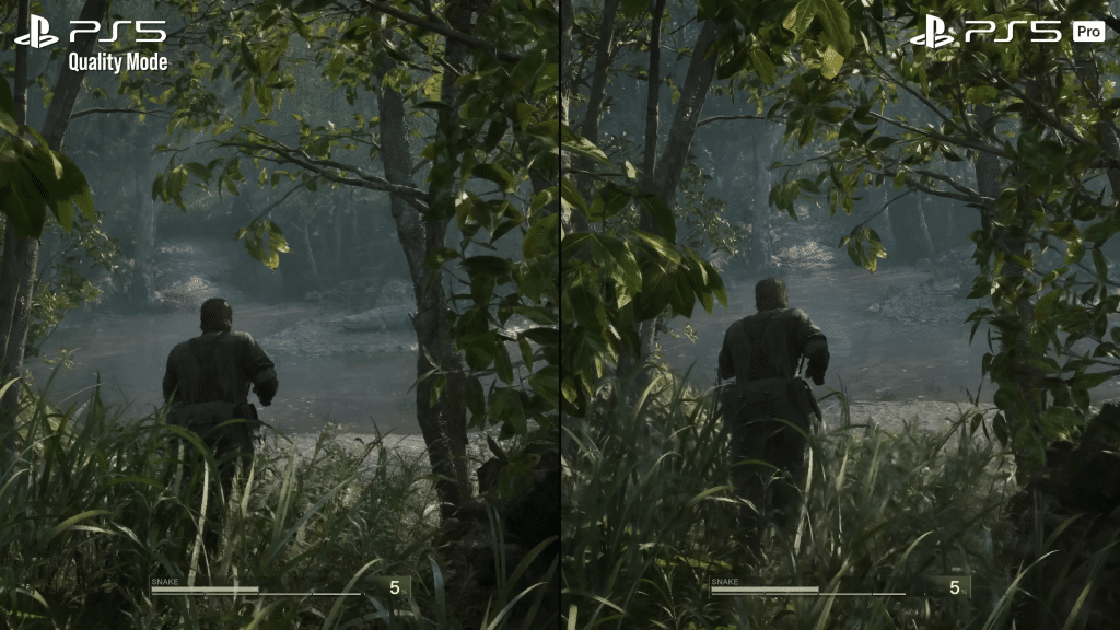 confronto metal gear solid delta su ps5 quality mode e ps5 pro nella giungla, snake osserva il fiume.