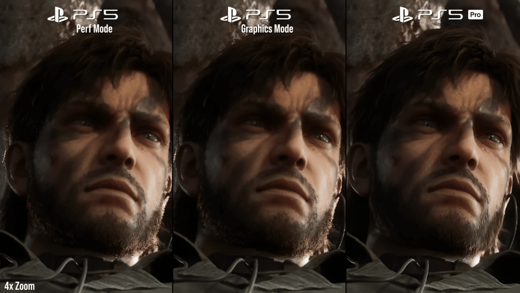 primo piano di snake in metal gear solid delta, confronto ps5 performance mode, ps5 graphics mode e ps5 pro.