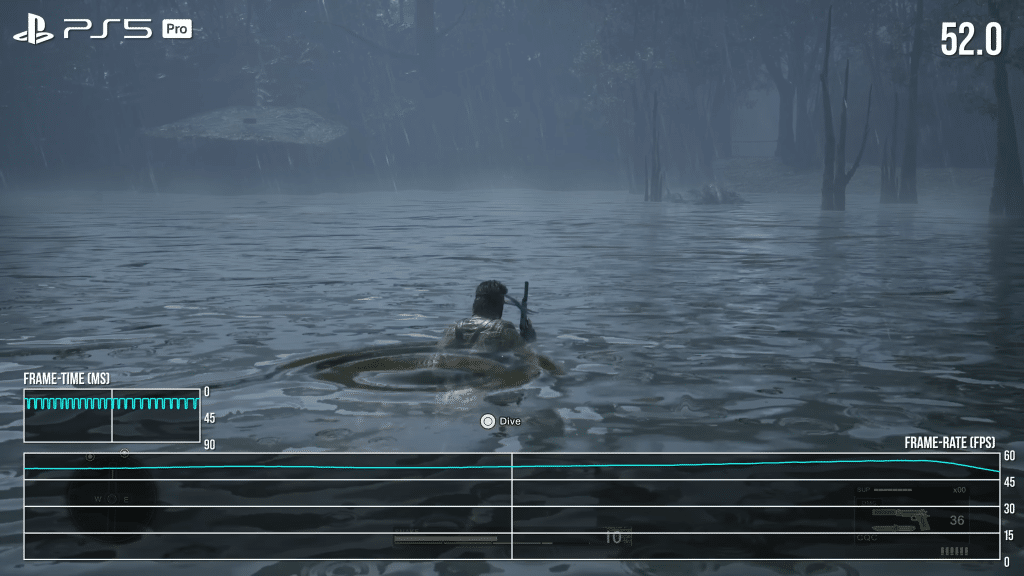 metal gear solid delta su ps5 pro, snake nuota sott’acqua con calo di frame rate mostrato a 52 fps.