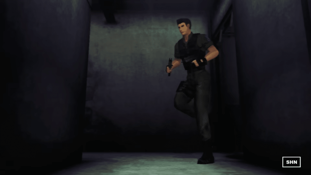 chris redfield corre armato in un corridoio buio di resident evil code veronica.