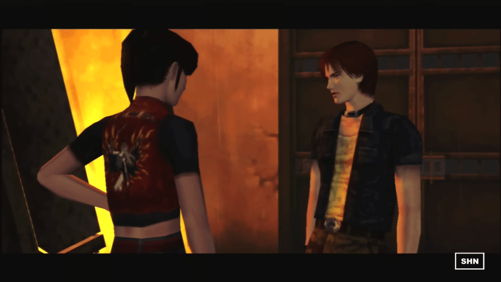 claire redfield e steve burnside in una conversazione su rockfort island in resident evil code veronica.
