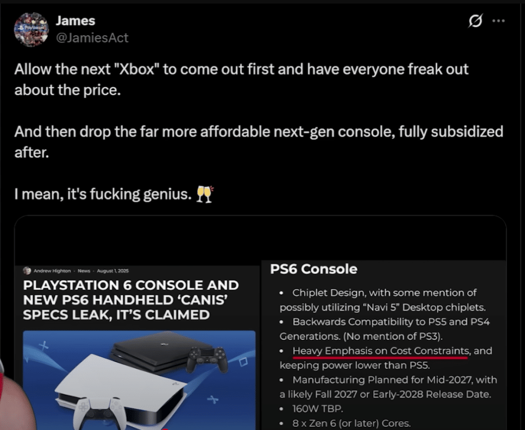 la strategia? lasciare che xbox spaventi col prezzo, poi lanciare ps6 a costo contenuto. per molti utenti, un piano "geniale".