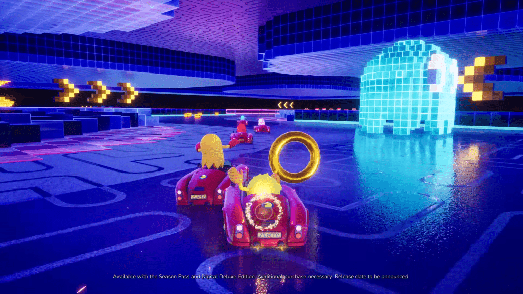 gara su circuito neon con pac-man come guest in sonic racing crossworlds.