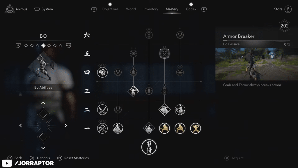 una schermata del menu di gioco di assassin's creed shadows claws of awaji, che mostra l'albero delle abilità del bastone.