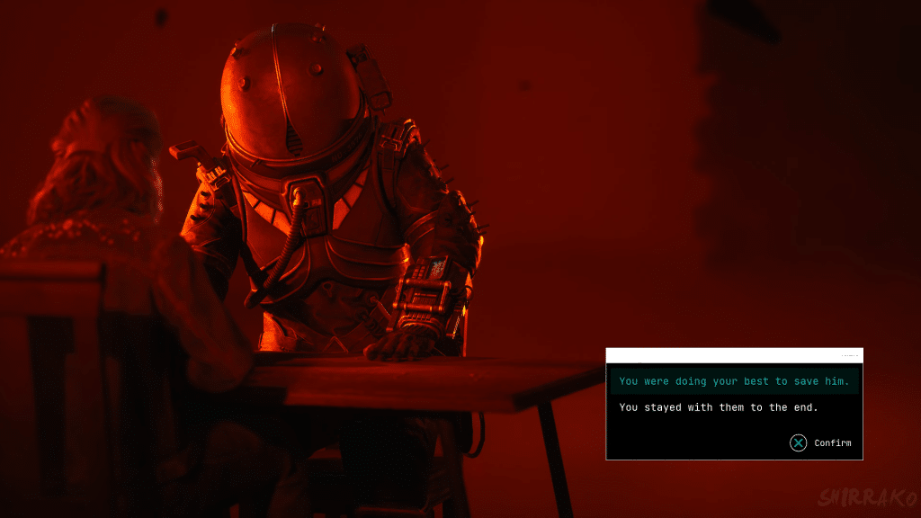 un personaggio in tuta futuristica esplora una catacomba illuminata da un cilindro luminoso rosso in cronos the new dawn.