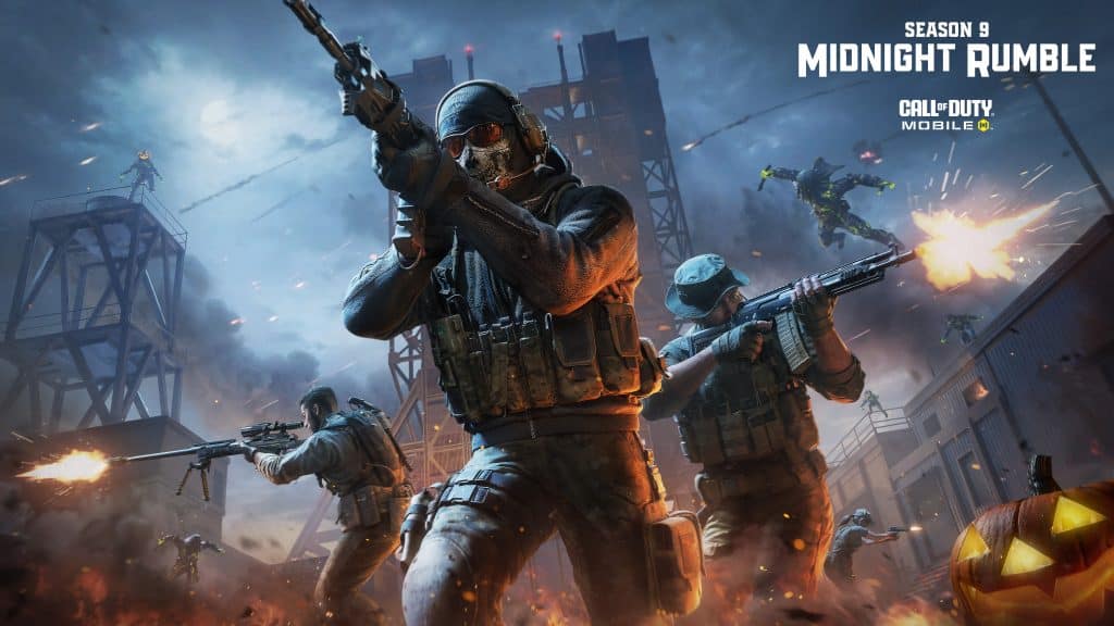 call of duty black ops 7 | soldati in tenuta tattica avanzano di notte tra esplosioni ed elicotteri, promuovendo call of duty mobile stagione 9 midnight rumble.