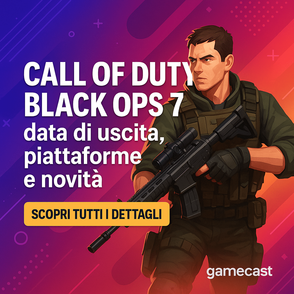 call of duty black ops 7 | soldato serio con fucile e testo su call of duty black ops 7: dati di uscita, piattaforme, notizie su sfondo viola e arancione.