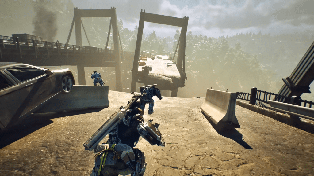 squadra di giocatori in exoborne corre verso un ponte distrutto in un ambiente post-apocalittico.