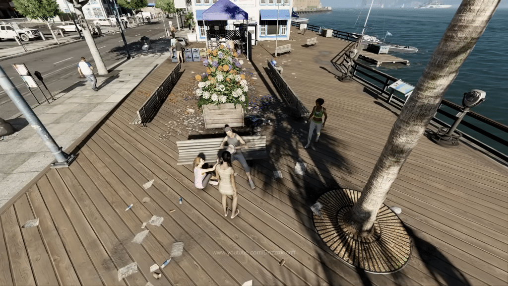 molo di vice city in gta 6 con folla e dettagli ambientali