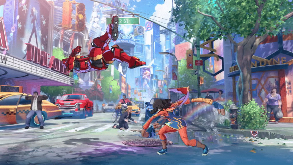 ms. marvel colpisce iron man in una delle strade di new york, tra auto e passanti in fuga