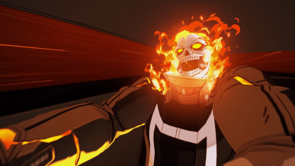 ghost rider lancia il suo attacco infuocato in marvel tōkon: fighting souls, avvolto dalle fiamme