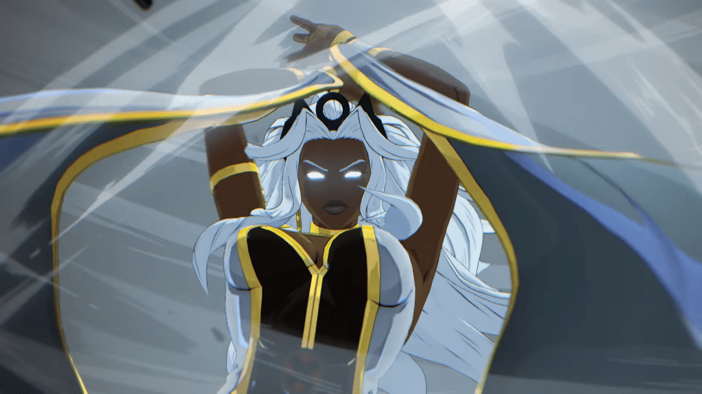 storm mentre scatena una tempesta in marvel tōkon: fighting souls, con occhi luminosi e mantello al vento