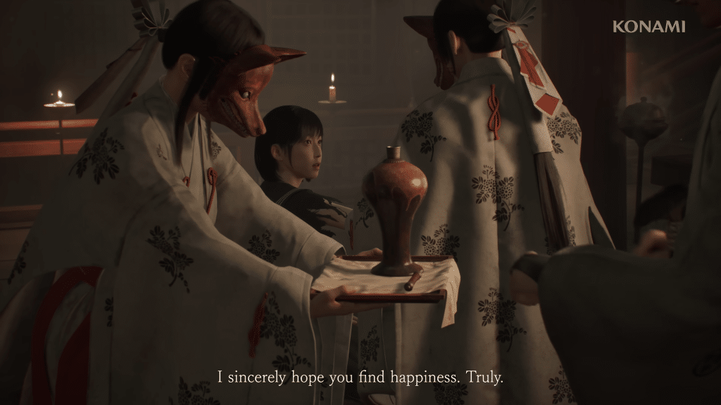 cerimonia con figure mascherate da volpe in silent hill f
