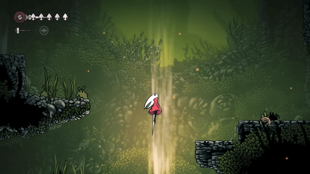 hornet esegue un salto verticale con scia luminosa in silksong.