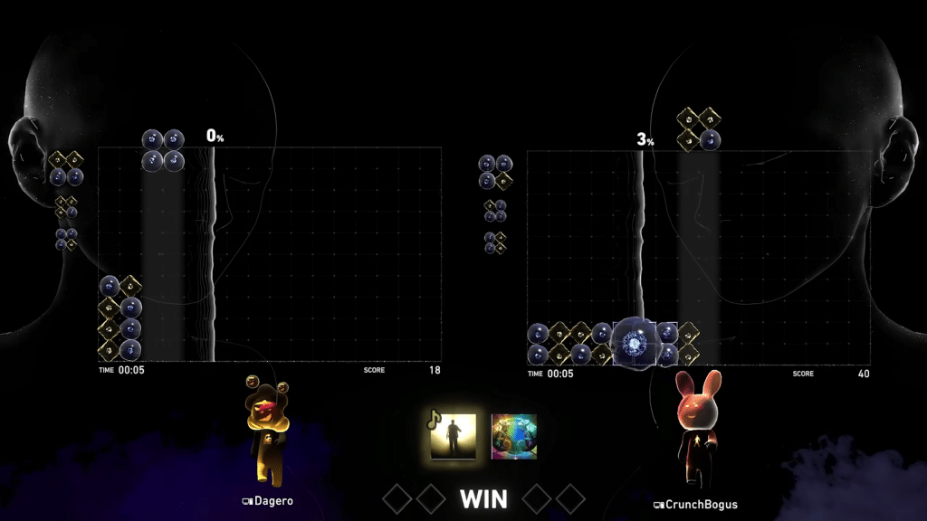schermata multiplayer di lumines arise con due giocatori a confronto.