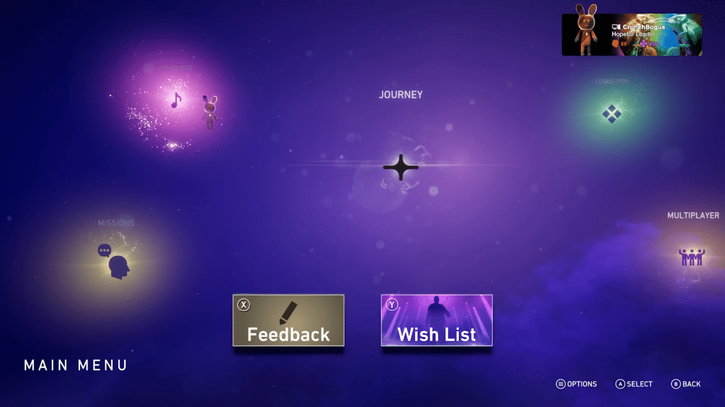 schermata del menu principale di lumines arise con le voci journey, playlist, missions e multiplayer.