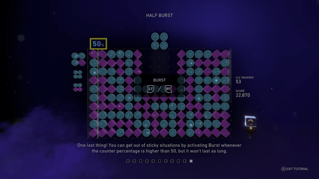 : tutorial di lumines arise che spiega l’attivazione della burst mode al 50%.