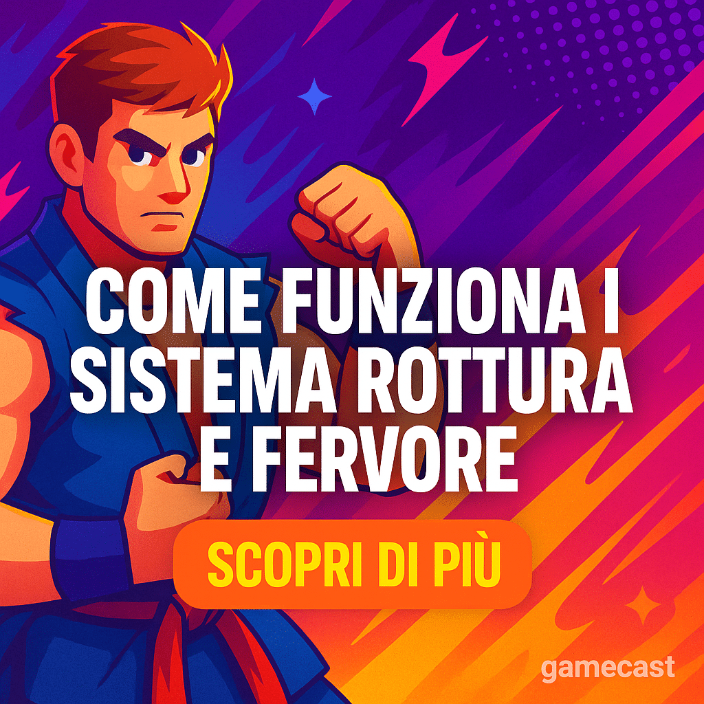 virtua fighter un artista marziale in uniforme blu con pugni chiusi, testo italiano sul sistema rottura e pulsante giallo "scopri di più".