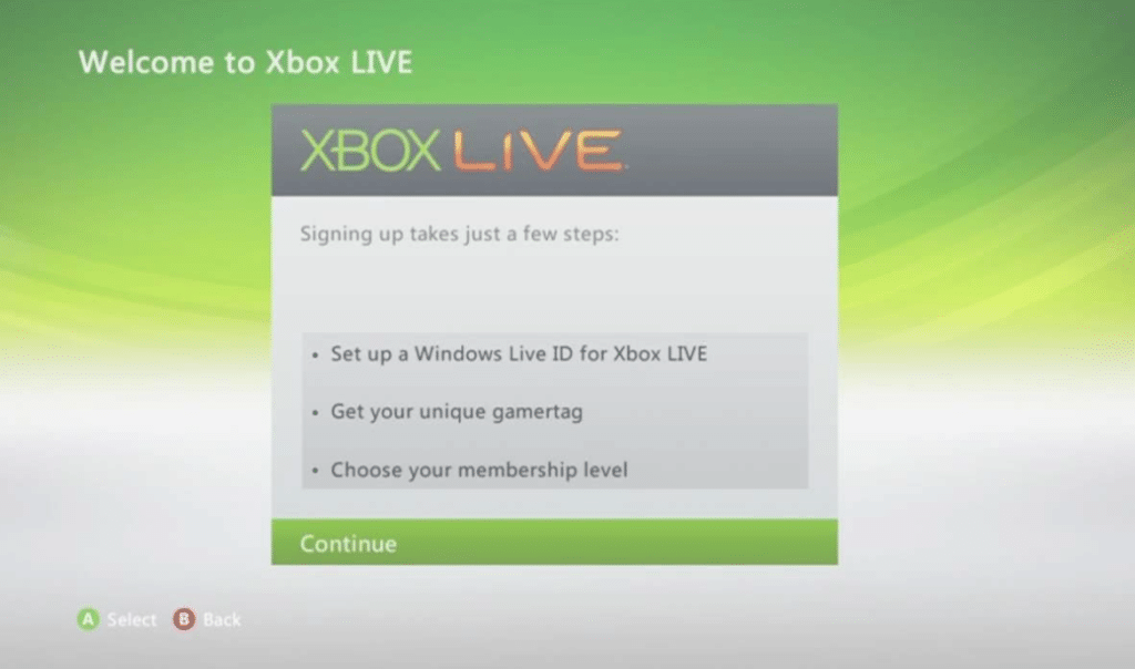 schermata di iscrizione a xbox live dei primi anni 2000, che mostra i passaggi per creare un account e selezionare un gamertag; il pulsante continua è evidenziato.