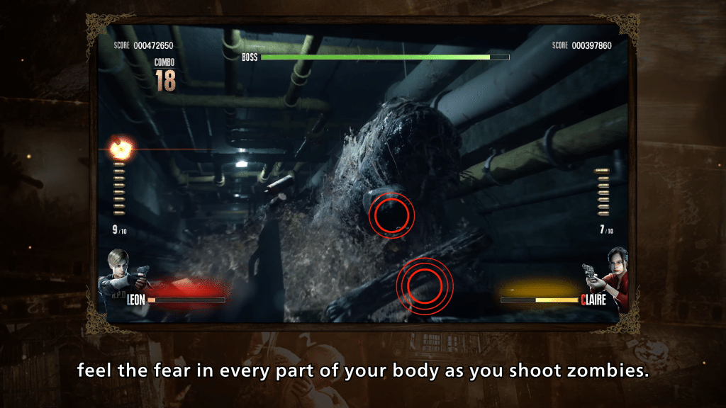 resident evil 2 arcade — cabinet arcade con leon e claire in azione contro gli zombie
