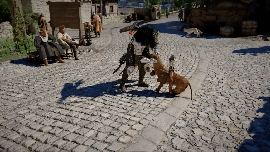 personaggio di crimson desert in città con il cane come animale da compagnia