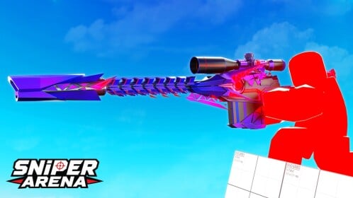 sniper arena su roblox con fucile da cecchino e logo del gioco