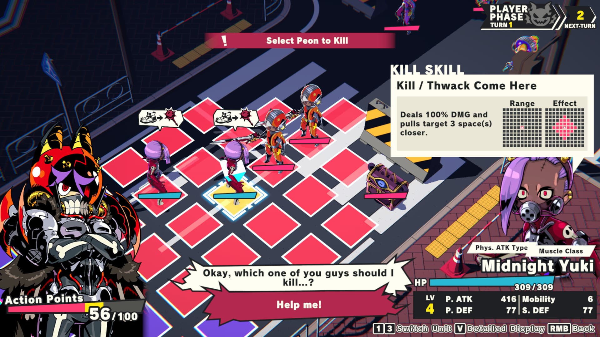 selezione di un peon e anteprima range ed effect di una kill skill in demons' night fever