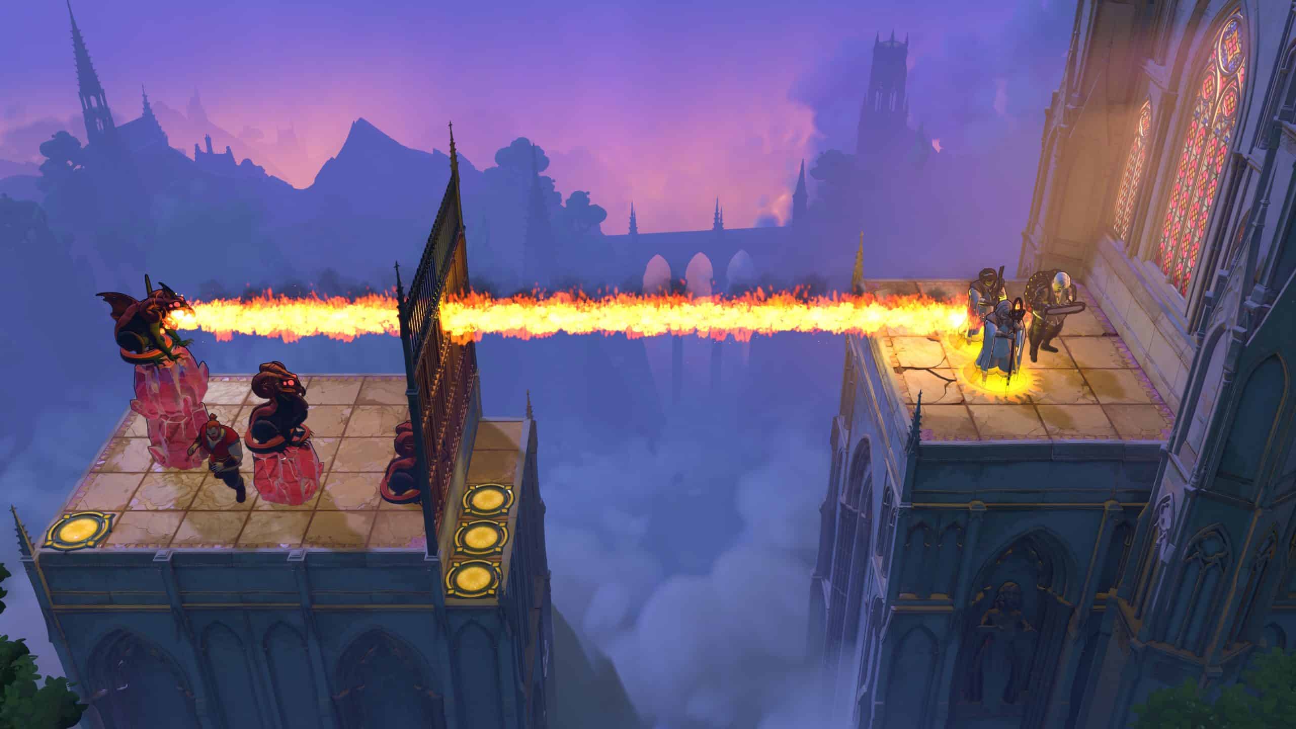 puzzle di order of the sinking star con personaggi su piattaforme, cancelli e un raggio di fuoco