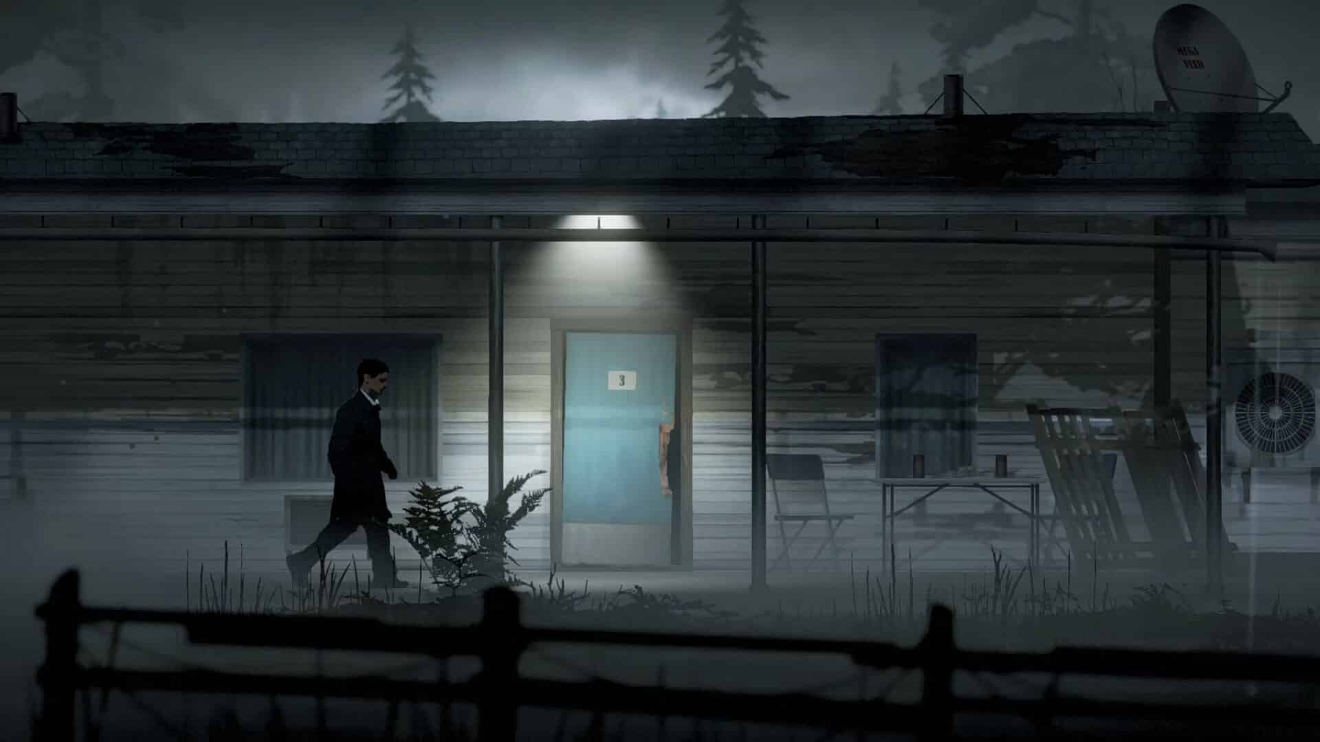 red walker davanti a un motel illuminato nella nebbia a silver pines