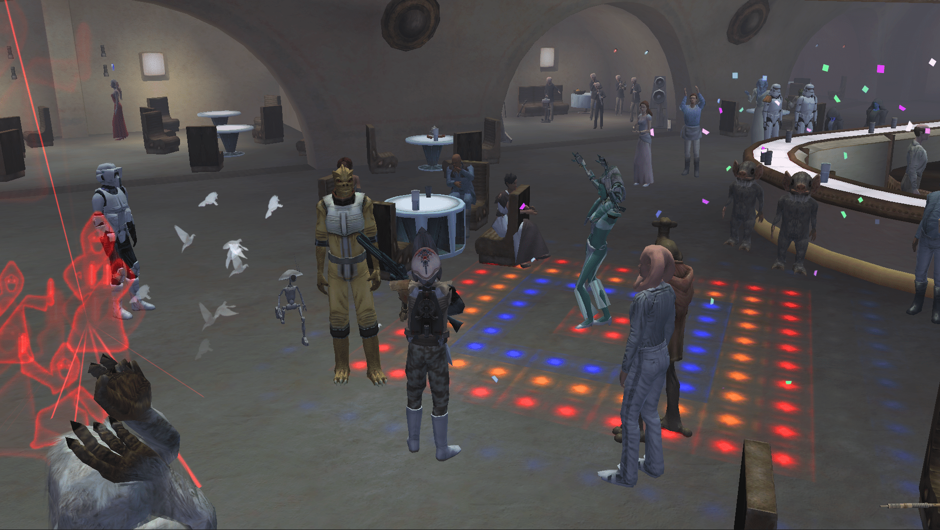star wars galaxies restoration: personaggi e stormtrooper nella cantina di mos eisley