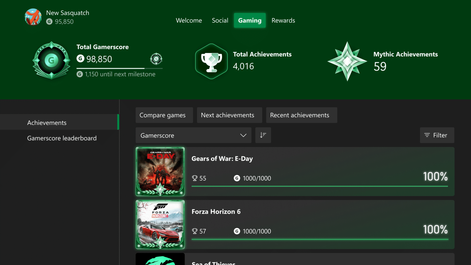 profilo xbox sezione gaming con giochi completati e riconoscimenti mythic