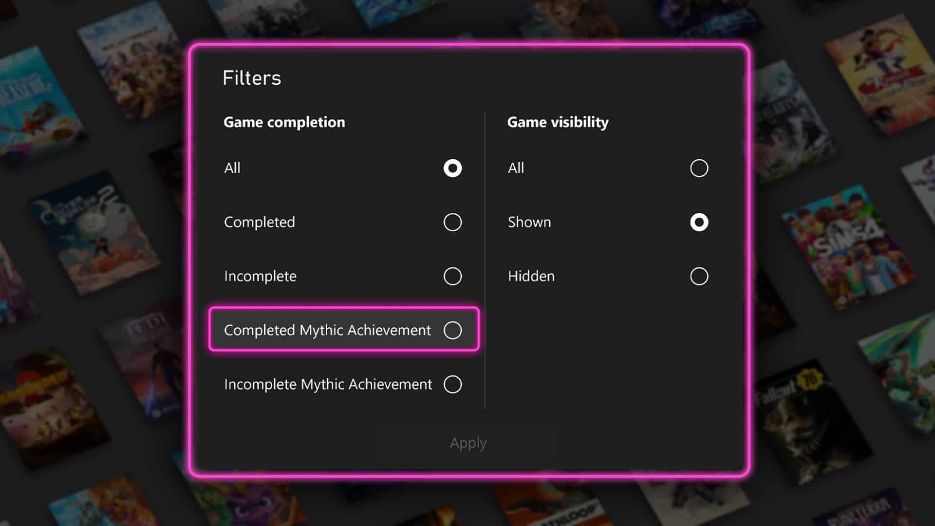 filtri xbox per riconoscimenti mitici completati e incompleti